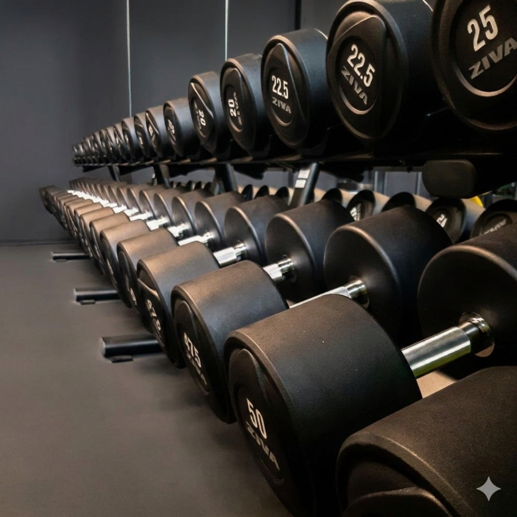 Freihantelbereich mit Kurzhanteln und Langhantel-Stationen